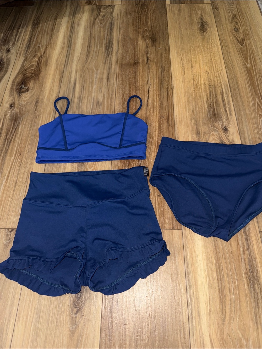 Tiger Friday Three-Piece Navy Blue Women's dance wear Set with Ruffle Shorts AS